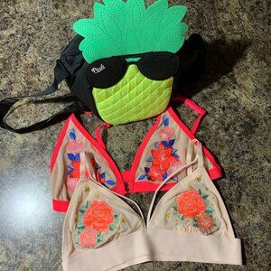 collection of 2 PINK VS bralettes, hot pink & soft pink size L, embroidered cups